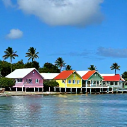 Caribbean Holidays, Guadeloupe Cooking Holidays, Relaxed Guadeloupe coastal village after a cooking holiday, with colourful houses, palm trees and a calm Caribbean sea
