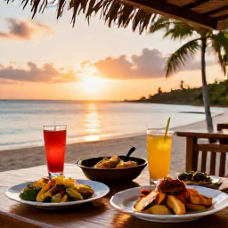 Caribbean Holidays, Guadeloupe Cooking Holidays, Relaxed Guadeloupe seaside restaurant at sunset with Creole dishes, tropical drinks and views across the sea