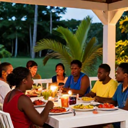 Caribbean Holidays, Guadeloupe Cooking Holidays, Relaxed October evening in Guadeloupe with travellers enjoying a cooking holiday meal on a terrace surrounded by tropical greenery