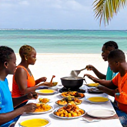 Caribbean Holidays, Guadeloupe Cooking Holidays, Travellers enjoying a colourful Guadeloupe cooking holiday in February, sharing a homemade Creole meal at a welcoming table near the coast