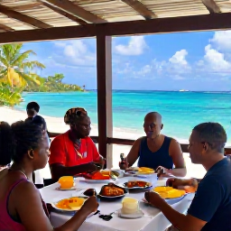 Caribbean Holidays, Guadeloupe Cooking Holidays, Visitors enjoying a freshly prepared Guadeloupean meal on a shaded terrace overlooking a tropical coastline