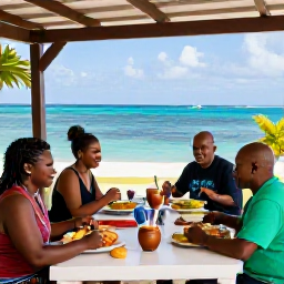 Caribbean Holidays, Guadeloupe Cooking Holidays, Visitors enjoying a relaxed Creole meal on a shaded terrace overlooking the Caribbean Sea in Guadeloupe
