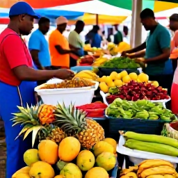 Caribbean Holidays, Guadeloupe Cooking Holidays, Visitors exploring a bustling Guadeloupe food market filled with pineapples, mangoes, plantains, chillies, herbs and colourful vegetables