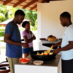 Caribbean Holidays, Guadeloupe Cooking Holidays, Visitors taking a relaxed outdoor Creole cooking class in Guadeloupe, preparing fish, vegetables and spices beside a traditional island kitchen