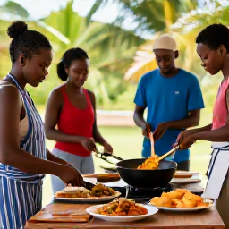 Caribbean Holidays, Guadeloupe Cooking, Outdoor Guadeloupe cooking class overlooking a tropical garden, with guests preparing Creole dishes