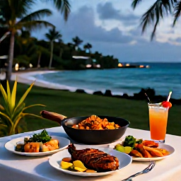 Caribbean Holidays, Guadeloupe Cooking, Relaxed evening table in Guadeloupe with Creole dishes, grilled fish, rum punch and tropical scenery
