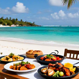 Caribbean Holidays, Guadeloupe Cooking, Relaxed outdoor dining beside a turquoise Guadeloupe beach with grilled seafood and colourful Creole dishes