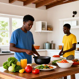 Caribbean Holidays, Guadeloupe Cooking, Visitors preparing a Creole meal in a bright traditional Guadeloupe kitchen with fresh ingredients on a wooden table