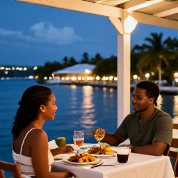 Caribbean Holidays, Guadeloupe Couples Holidays, A couple dining at a relaxed waterfront restaurant in Guadeloupe with Creole food and evening lights