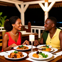 Caribbean Holidays, Guadeloupe Couples Holidays, A couple dining at an intimate open-air restaurant in Guadeloupe, with Creole dishes, fresh seafood and candlelight