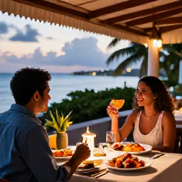 Caribbean Holidays, Guadeloupe Couples Holidays, A couple dining at an outdoor restaurant in Guadeloupe, fresh seafood, tropical dishes and warm evening light