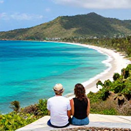 Caribbean Holidays, Guadeloupe Couples Holidays, A couple enjoying a scenic coastal viewpoint over Guadeloupe&rsquo;s turquoise sea and green hills
