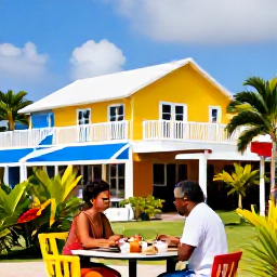 Caribbean Holidays, Guadeloupe Couples Holidays, A couple enjoying breakfast at an outdoor caf&eacute; in a colourful Guadeloupe seaside town, tropical plants and Caribbean architecture