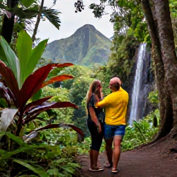 Caribbean Holidays, Guadeloupe Couples Holidays, A couple exploring a lush rainforest trail in Guadeloupe National Park beside a waterfall, with tropical plants and volcanic mountains