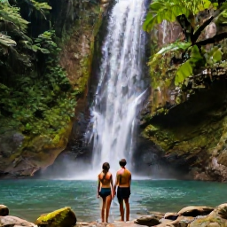 Caribbean Holidays, Guadeloupe Couples Holidays, A couple exploring a lush rainforest waterfall in Guadeloupe with tropical plants and clear pools