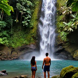 Caribbean Holidays, Guadeloupe Couples Holidays, A couple exploring the lush rainforest and waterfall trails of Basse-Terre in Guadeloupe, tropical plants and natural pools