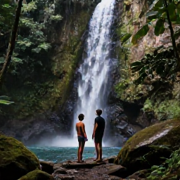 Caribbean Holidays, Guadeloupe Couples Holidays, A couple hiking through a lush rainforest beside a waterfall in Guadeloupe National Park