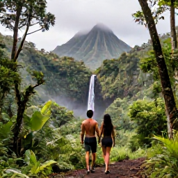 Caribbean Holidays, Guadeloupe Couples Holidays, A couple hiking through lush rainforest in Guadeloupe with a waterfall and volcanic mountains in the background