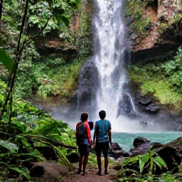 Caribbean Holidays, Guadeloupe Couples Holidays, A couple hiking through lush tropical rainforest beside a waterfall in Basse-Terre, Guadeloupe