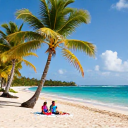 Caribbean Holidays, Guadeloupe Couples Holidays, A couple relaxing on a peaceful Guadeloupe beach with palm trees, turquoise water and a small picnic near the shore