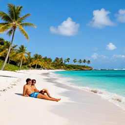 Caribbean Holidays, Guadeloupe Couples Holidays, A couple relaxing on a peaceful white-sand beach with turquoise water and palm trees in Guadeloupe