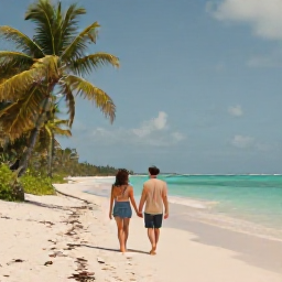 Caribbean Holidays, Guadeloupe Couples Holidays, A couple walking hand in hand along a quiet Guadeloupe beach in warm March sunshine, turquoise sea and palm trees