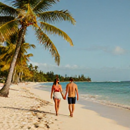 Caribbean Holidays, Guadeloupe Couples Holidays, A couple walking hand in hand along a quiet Guadeloupe beach in warm October sunshine, with palm trees, turquoise water and soft sand