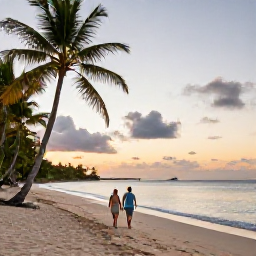 Caribbean Holidays, Guadeloupe Couples Holidays, A couple walking hand in hand along a quiet palm-fringed beach in Guadeloupe at sunset