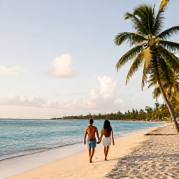 Caribbean Holidays, Guadeloupe Couples Holidays, A couple walking hand in hand along a quiet tropical beach in Guadeloupe at golden hour, turquoise sea and palm trees