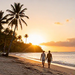 Caribbean Holidays, Guadeloupe Couples Holidays, A couple walking hand in hand along a quiet tropical beach in Guadeloupe at sunrise