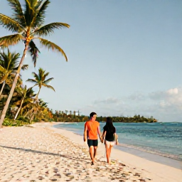 Caribbean Holidays, Guadeloupe Couples Holidays, A couple walking hand in hand along a quiet tropical beach in Guadeloupe in warm February sunshine