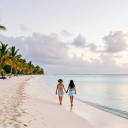 Caribbean Holidays, Guadeloupe Couples Holidays, A couple walking hand in hand along a quiet white-sand beach in Guadeloupe at sunrise, calm turquoise water and palm trees