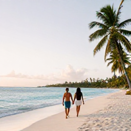 Caribbean Holidays, Guadeloupe Couples Holidays, A couple walking hand in hand along a quiet white-sand beach in Guadeloupe at sunrise, turquoise sea and palm trees