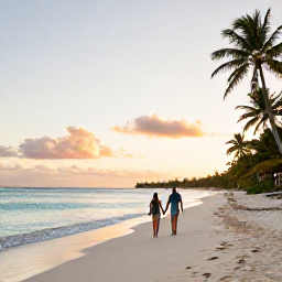 Caribbean Holidays, Guadeloupe Couples Holidays, A couple walking hand in hand along a quiet white-sand beach in Guadeloupe at sunset, calm turquoise sea and palm trees