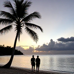 Caribbean Holidays, Guadeloupe Couples Holidays, A couple watching the sunset from a quiet Guadeloupe beach, soft evening sky, palm silhouettes and calm Caribbean sea