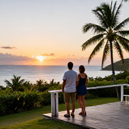 Caribbean Holidays, Guadeloupe Couples Holidays, A couple watching the sunset from a small terrace overlooking the Guadeloupe coastline, soft evening light and tropical landscape