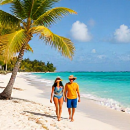Caribbean Holidays, Guadeloupe Couples Holidays, A relaxed couple walking along a sunlit tropical beach in Guadeloupe in January, turquoise sea and palm trees