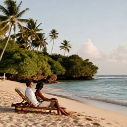 Caribbean Holidays, Guadeloupe Couples Holidays, A romantic Guadeloupe beach with two sun loungers, gentle waves, tropical greenery and warm afternoon light
