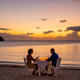 Caribbean Holidays, Guadeloupe Couples Holidays, A romantic sunset dinner for two on a quiet Guadeloupe beach, small table with candles, warm sky and calm sea