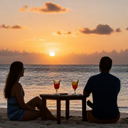 Caribbean Holidays, Guadeloupe Couples Holidays, A romantic sunset over a secluded Guadeloupe beach, with two glasses of rum punch on a small table and a couple watching the sky