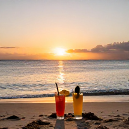 Caribbean Holidays, Guadeloupe Couples Holidays, A romantic sunset over the calm Caribbean Sea viewed from a Guadeloupe beach with two drinks in the foreground
