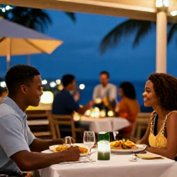 Caribbean Holidays, Guadeloupe Couples Holidays, A romantic table for two at a lively Guadeloupe restaurant with Creole food and evening lights