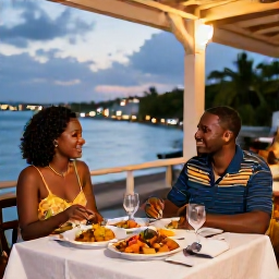 Caribbean Holidays, Guadeloupe Couples Holidays, A stylish couple dining at an outdoor restaurant beside the sea in Guadeloupe, colourful local dishes and a warm evening atmosphere