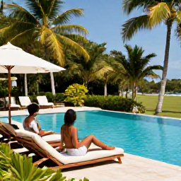 Caribbean Holidays, Guadeloupe Couples Holidays, A stylish couple relaxing beside a small infinity pool at a Guadeloupe hotel, surrounded by tropical gardens and palm trees