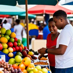 Caribbean Holidays, Guadeloupe Couples Holidays, Colourful Guadeloupe market with tropical fruit, spices and local food, visited by a couple