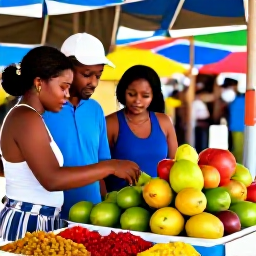 Caribbean Holidays, Guadeloupe Couples Holidays, Colourful market in Pointe-a-Pitre, Guadeloupe, with couples browsing tropical fruit, spices and local crafts