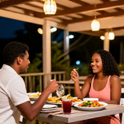 Caribbean Holidays, Guadeloupe Couples Holidays, Couple dining at a small open-air restaurant in Guadeloupe, Creole dishes, seafood, lanterns and a relaxed evening atmosphere