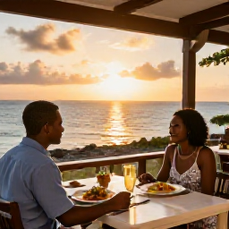 Caribbean Holidays, Guadeloupe Couples Holidays, Couple dining at an atmospheric seaside restaurant in Guadeloupe at sunset, local dishes and warm evening light
