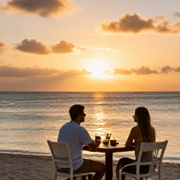 Caribbean Holidays, Guadeloupe Couples Holidays, Couple enjoying a peaceful sunset from a Guadeloupe beachfront restaurant, glowing sky over the Caribbean Sea