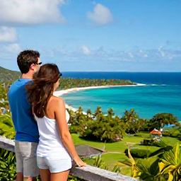 Caribbean Holidays, Guadeloupe Couples Holidays, Couple enjoying a scenic coastal viewpoint in Guadeloupe during bright March weather, tropical landscape and blue sea